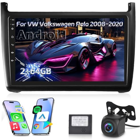 Autoradio per VW Volkswagen Polo 2008-2020, [2G+64G] Android Autoradio Touch Screen con Carplay e Android Auto Senza Fili/Bluetooth/WiFi/Bluetooth/EQ/FM RDS Radio