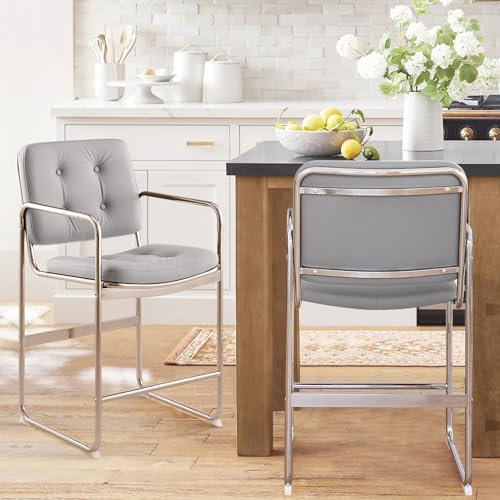 COLAMY Modernes Barhocker-Set 2er, PU-Leder Barstuhl in Thekenhöhe, Knopfgepolsterte Barhocker mit Metallbeinen für Kücheninsel, Wohnzimmer, Bar, Grau