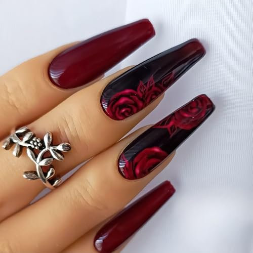 Unghie Finte Lungo MouyouGlow,Ballerina Nero Rosso Scuro Burgundy Glossy Rose Fiori Halloween Press on Nails con Colla,Black Dark Wine Red Flowers Fake Nails