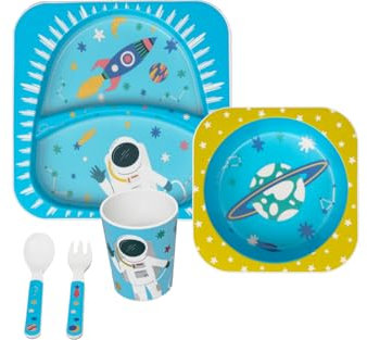 BERGER Kinder Geschirr 5-tlg. | Kindergeschirr Set Teller Becher Schale und Kinderbesteck aus RPET | Plastik Essgeschirr BPA-frei & Bruchsicher | Wiederverwendbar Perfekt für Camping & Alltag (Nino)