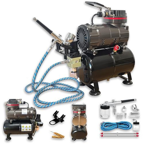 JUNIERS Airbrush-Set mit Kompressor & 1,8m Schlauch – Profi Double-Action Pistole AG-286K für Modellbau, Tattoos, Torten, Tanning & mehr