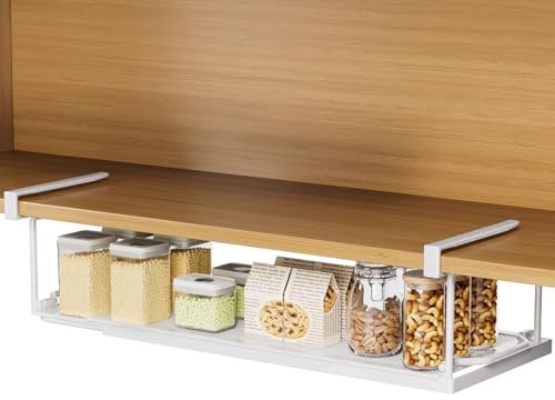 YORBAY Ajustable Cesta Colgante para Debajo de la estantería, Almacenaje de Cocina bajo Balda Estante de Metal, Estante Inferior para cocinas y armarios (Blanco)