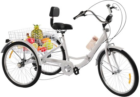 Faltbar Dreirad für Erwachsene, 24 Zoll 7 Gang Lastenfahrrad, 3 Räder Fahrrad Erwachsene mit Einkaufskorb, City Einkauffahrrad Cargo-Bike für Erwachsene Senioren und Frauen Höhenverstellbar (Weiß)
