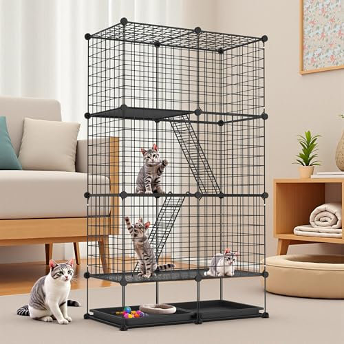 UISEBRT Jaula de metal para gatos para exterior e interior, con bandeja de suelo extraíble, 2 escaleras y 3 puertas, 3 pisos, parque para gatos DIY como jaula de entrenamiento, lugar de descanso o