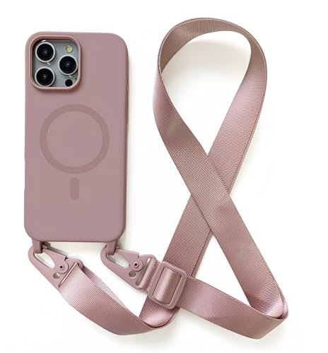Rokmym Custodia magnetica per iPhone 12 con nastro, tracolla in nylon morbido silicone per cellulare regolabile in TPU Bumper Cover per iPhone 12, sabbia rosa