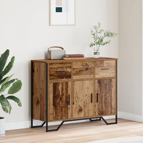 Pangshiyuan Sideboard aus Altholz Eiche mit 2 Türen und Schubladen, Distressed Finish, Rustikales Design, 97x32.5x74.5 cm, Für Esszimmer oder Wohnzimmer, Braun