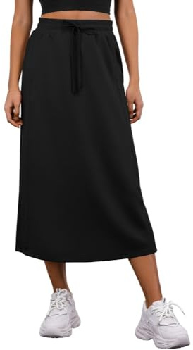 PrinStory Damen Midi Röcke Sommer Elastische Taille Verstellbarer Kordelzug Röcke Mit Taschen Und Zurück Split (A Schwarz, XL)