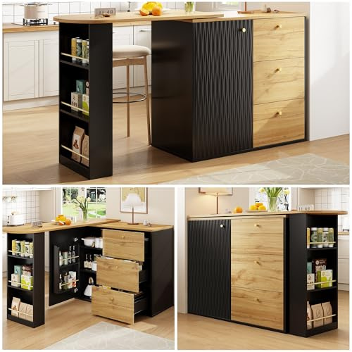 Lahoomu Ausziehbarer Bartisch mit Stauraum(138-204×39×104cm), 360° Drehbare Essbar, Beweglicher Bar Table, Hochtisch Kücheninsel Bistro Table, Sideboard mit Holzmaserung