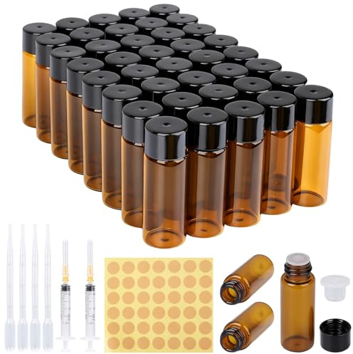 Yaunming 40 botellas de cristal vacías de 5 ml, para aceites esenciales, resistentes a los rayos UV, a prueba de fugas, reutilizables, con pipeta, jeringa y pegatinas para aceites esenciales y