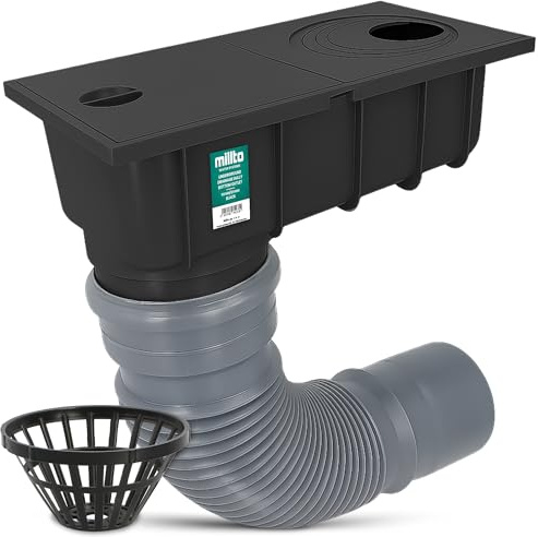 Millto Regensinkkasten 110 mm Regenwasserablauf Dachrinnenablauf Hofablauf Regenrohrablauf Sinkkasten Entwässerung Kontrollschacht mit Sieb und Flexibles Rohr 340-400 mm Schwarz