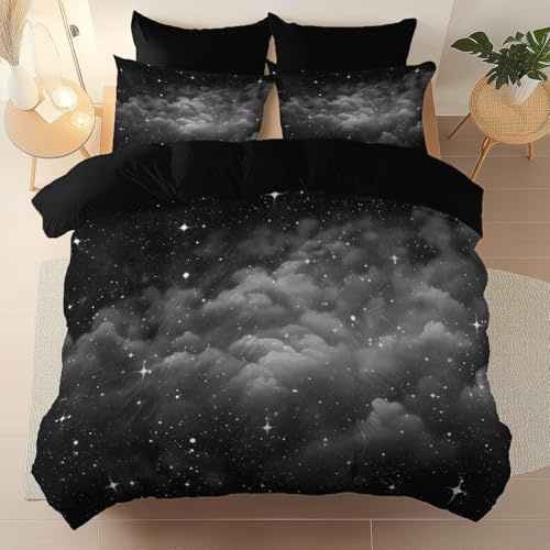 Bettwäsche Set 135 x 200 cm Schwarz, Modern Wolken Sterne Nachthimmel Muster Bettbezug, Weich Wende Bettwäsche Set für Mädchen mit Reißverschluss, Geeignet für Herbst und Winter