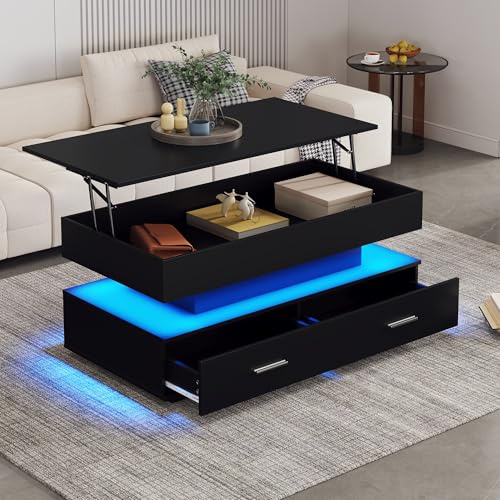 Jaxenor Lift Top Coffee Table with 2 Drawers Storage, Large Coffee Table Tea Table, Centre Table for Living Room Home Office Furniture with Smart APP Control Led Light, 100 * 50 * 44cm (Black)