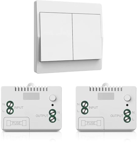 230V Funkschalter Set (Weiß, 2-Gang),Kabelloser Lichtschalter mit 2 Tasten + 1 Empfänger, batterieloser Sender, einfach montagefrei - perfekte Lichtsteuerung für Wohnzimmer, Schlafzimmer, Flur