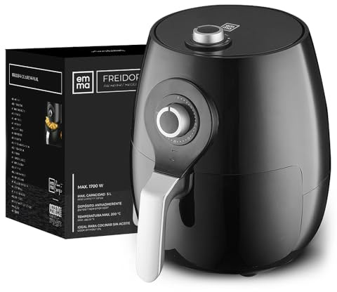 EMMA, Freidora de Aire, 5 L, Antiadherente, 1700W, 29.5x28.5x34 cm, Negro, Cocina Saludable sin Aceite, Cesta Antiadherente, Temperatura Ajustable, Ideal para Hogar y Familia