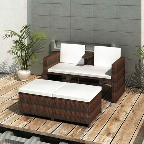 Kaloriko 4-TLG. Garten-Lounge-Set, Poly Rattan Braun, wetterfest, mit Kissen, 2-Sitzer Sofa & Fußstützen, für Terrasse, Balkon, Gartenmöbel Set