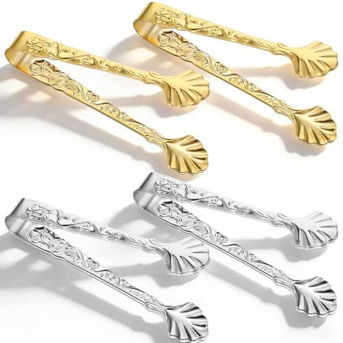 4 PCS Sugar Cube Tongs, Ice Cube Tong with Rose Relief Handle, Stainless Steel Vintage Small Serving Food Clips for Tea Coffee Candy Party Bar Appetizers Desserts Kitchen, Sliver and Gold
