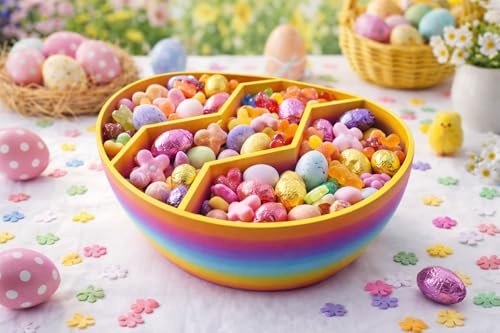 Easter Egg Snack Bowl with 3 Compartments, Multi-Colored Serving Dish for Sweets, Mini Eggs, Chocolate - Reusable (Rainbow)