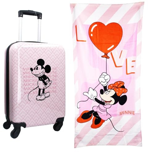 Disney Mickey & Minnie Maus 2-teiliges Kinder Reise-Set – Koffer mit 4 Rollen und Teleskopgriff Plus Strandtuch aus 100% Baumwolle – Rosa Reisekoffer Set für Urlaub
