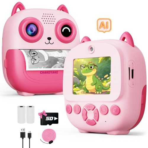 CHAKEYAKE Macchina Fotografica Bambini Istantanea, AI Riconoscimento Vocale E Immagini, Schermo da 2,4 Pollici, Funzione Foto & Video, Adesivi Creativi E Filtri, Regalo Per Ragazzi Ragazze, Rosa