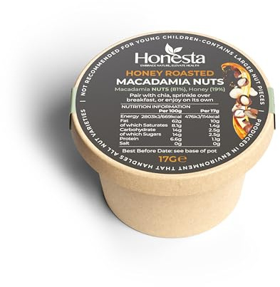 Honesta Macadamia Crunch- Honey Roasted Topping for Chia, Porridge, Overnight Oats & Yogurt- Single Serve 17g (Pack of 12)