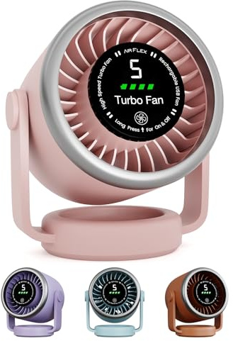 EPISENT Portable USB Desk Fan 360° Adjustable Silent Rechargeable Pink | Touch control with digital display, wall mount design, 5 speeds, up to 10-hour battery for bedroom, office and travel