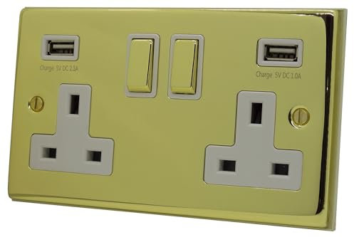 Discount Electrix USB 2 Gang Plug Socket Outlet Polished Brass Finish with White Inserts