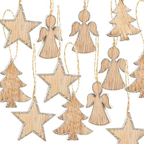 Logbuch-Verlag 24 Holz Weihnachtsanhänger Natur Silber 2 x 12 Holzanhänger Baumschmuck Christbaumanhänger Deko Weihnachtsbaum Anhänger 2 x 12