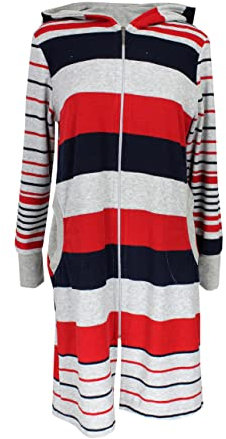 Aquarti Damen Frottee Bademantel Morgenmantel Gestreift mit Kapuze, Farbe: Dunkelblau/Rot, Größe: XXL