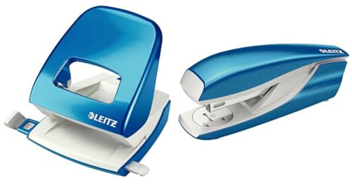Leitz Büro Locher + Heftgerät, Für 30 Blatt, Anschlagschiene mit Formatvorgaben, Tacker mit 200 Heftklammern, Ergonomisches Design, Blau, WOW-Serie, 50081036 + 55021036