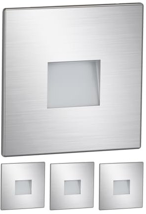 ledscom.de 4 Stück LED Treppenlicht/Wandeinbauleuchte FOW für innen und außen, Downlight, eckig, edelstahl, 85 x 85mm, kaltweiß