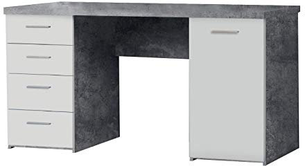 Meubletmoi Bureau 4 tiroirs 1 Porte, Blanc et décor béton Gris, 145 cm - Design Contemporain - Alvin