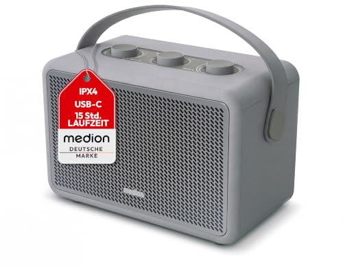 MEDION BXO-1 Bluetooth Lautsprecher, 15 Stunden Akkulaufzeit - grau | Kraftvoller Sound im hochwertigen Retro-Design, Bluetooth 5.3, IPX4, USB-C
