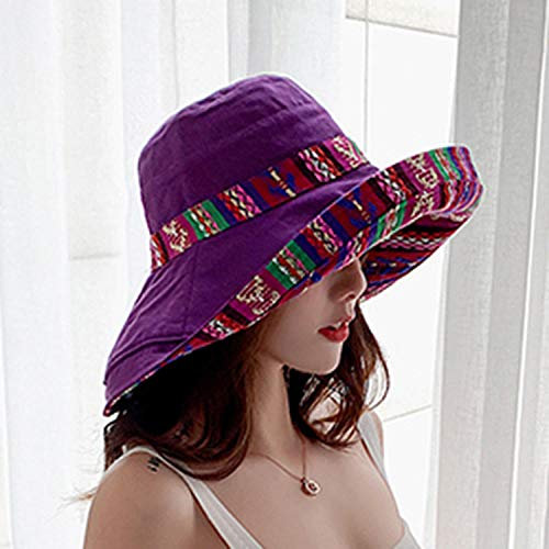 Sonnenhut Strohhut Hut Damen Vintage Baumwollhut Frauen Breite Krempe Strandhut Floppy Faltbarer Schutz Sonnenhüte Frauen Hut-Lila_One_Size