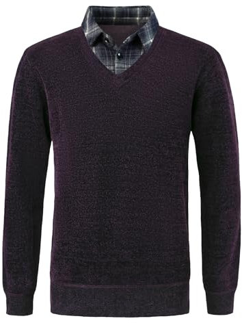 Yukirtiq Uomo Maglione Colletto di Camicia Pullover Maniche Lunghe Maglia Chenille Maglioncino Scollo a V Autunno Inverno 2 in 1 Maglione da Ufficio, Viola, M