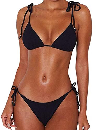 CheChury Femmes Maillot De Bain Deux pièces Ficelle de Cravate Halter Bikini Rembourré Réglable Triangle Bikini Classique Push-Up Brésilien,Noir,L