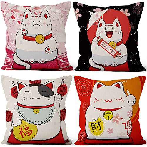 Aoihrraan 41x41cm 4er Set Dekorativ Kissenbezug Japanischer Stil Glückliche Katze Quadratische Dekokissen Aus Mit Unsichtbarem Reißverschluss Leinen Japan Taverne Kissenhülle Zuhause Sofa Tatami