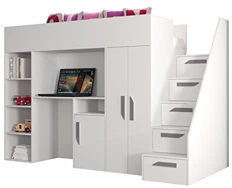 MEBLE KRYSPOL Party 14 Hochbett für Kinder, Jugendliche mit Stauraum - Etagenbett mit Schreibtisch, Kleiderschrank, Bücherregal und Trittleitern - 247x120x165 cm - Weiß, Weiß, Grau