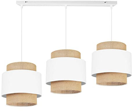 Light-Home Boho Hängelampe - Deckenlampe für Wohnzimmer Schlafzimmer und Esszimmer - Pendelleuchte aus Metall mit Lampenschirm aus Stoff - E27-3-Flammig - Weiß und Jute