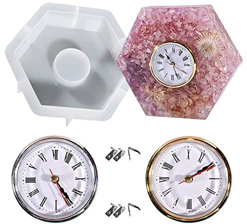 Allazone Uhr Silikonharz Formen Hexagon Uhr Harzformen Gießformen Uhr Epoxidharz Gießformen mit 2 Uhrwerken Zubehör für DIY Basteln, Heimdekoration