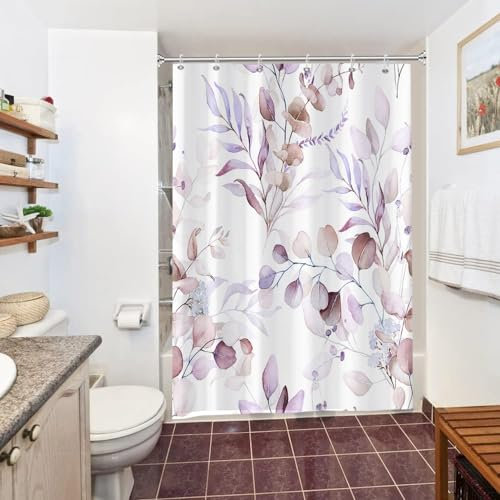 Uiiooazy Duschvorhang 150x200cm, Duschvorhang Anti Schimmel Lila Violett Blätter Rosa Lavendel Blumen Duschvorhänge Wasserdicht Polyester Stoff Waschbar Bad Vorhang mit 10 Haken für Badezimmer
