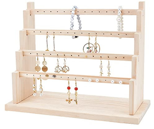 NBEADS Présentoir de Boucles D'Oreilles en Bois à 4 Niveau, Boucle D'Oreille Bijoux Présentoir Bijoux Organisateur Support Riser avec 4 Pcs Barres Plates (56 Trous) pour Bijoux Collier Bracelet