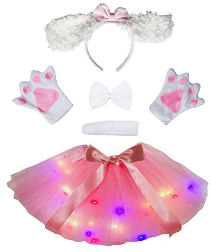Petitebelle Langes Ohr-Hunde-Stirnband, Fliege, Schwanz-Handschuhe, LED-Tutu, 5-teiliges Damen-Kostüm (weißer Pudel, Einheitsgröße)