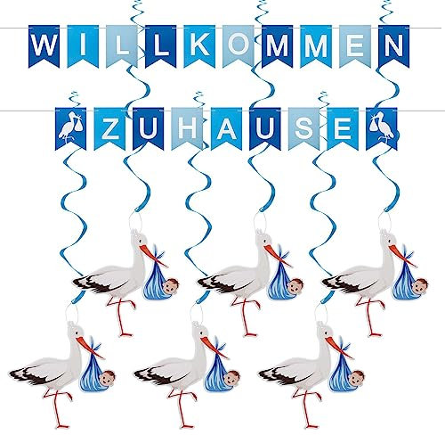 TGFIX Willkommen Zuhause Baby Banner Herzlich Willkommen Girlande Vormontiert Welcome Home Banner Willkommen Zuhause Deko mit 6 Stück Storch zur Geburt für Junge Taufe Zuhause Party Babyparty