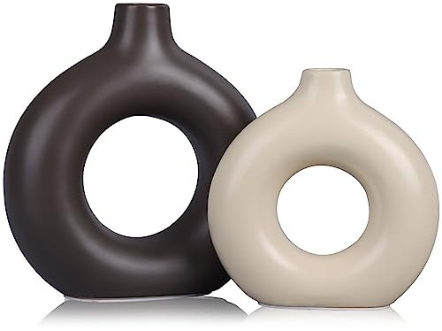 Keramikvase, 2er-Set, modern, beige, zweifarbig, rund, Donut-Keramik-Dekor, Blumenvase, rustikale Vintage-Tischaufsätze für Wohnzimmer, Esszimmer, Küche, Boho, Bauernhaus, Hochzeit, Blumendekoration