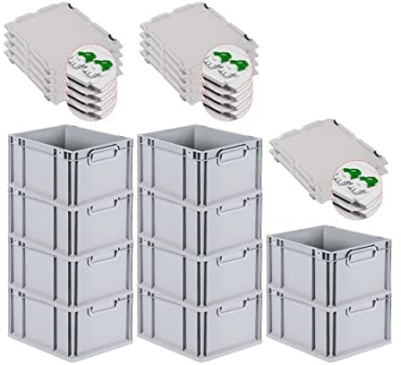 PROREGAL SuperSparSet 10x Eurobox NextGen Grip mit Scharnierdeckel und grünen Schiebeschnappverschlüssen, HxBxT 22x30x40cm, 20 L, Grau, Griffe geschlossen, Eurobehälter, Transportbox
