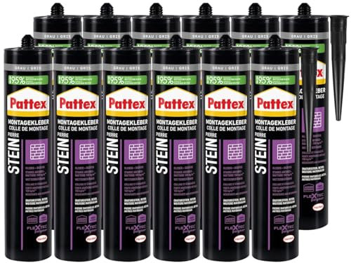 Pattex Montage Stein, starker Montagekleber für Stein, Naturstein und Steinwerkstoffe, Baukleber für alle Materialien*, elastischer Steinkleber für innen und außen**, 12x420g