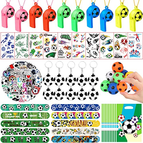JOISHOP 112pcs Football Party Bags Fillers, Football Party Favors Set Football Key Chains, Wristbands, Whistles, Stickers, Football Toys for Kids Boys Girls Birthday Gift