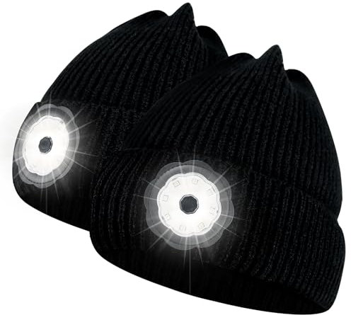 ZHSX 2 Pack LED Lighted Beanie Hat, USB Rechargeable Beanie Hat with Light Built in, Unisex Head Torch Hat Hands Free Headlamp Cap for Men Women for Christmas, Black