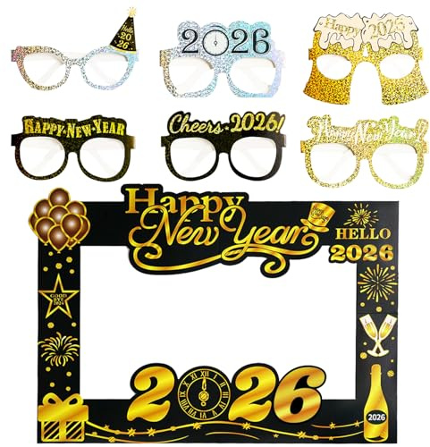 2026 Happy New Year's Party Photo Booth Props Decoration, 6 Pcs Novelty Eyeglasses and 2026 Happy New Year Frame Giant DIY Kit for Happy New Year Decorations New Years Eve Party Supplies