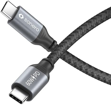 Sonero® Câble de chargement USB-C vers USB-C, câble de chargement pour téléphone portable, câble de chargement rapide USB C, câble USB Type C, USB 2.0, 60W PD, gris/noir, 2,00 m